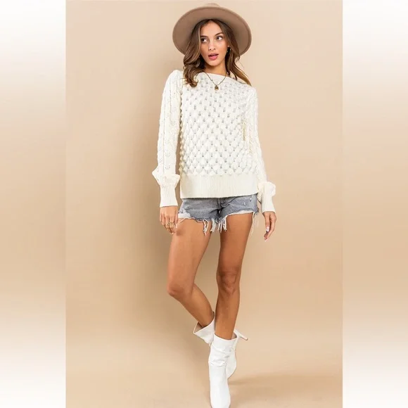 33 Boho Soft Two Tone Textured Sweater Top - Picture 6 of 7